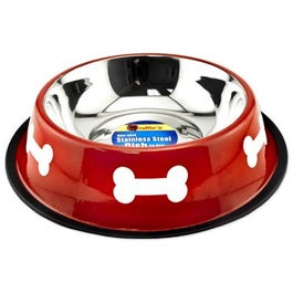 Pet Bowl, Red/White Stainless Steel, 64-oz.
