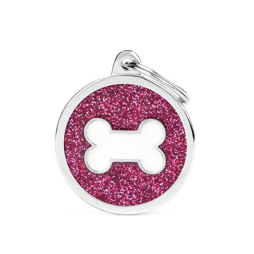 MyFamily Shine Big Pink Glitter Circle White Bone ID Tag