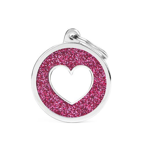 MyFamily Shine Big Pink Glitter Circle White Heart ID Tag