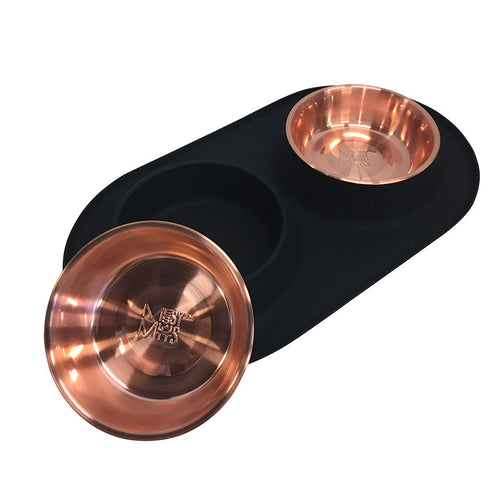 Messy Mutts Double Silicone Dog Feeder with Copper Colored Bowls, 1.5 Cups Per Bowl