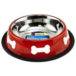 Pet Bowl, Red/White Stainless Steel, 16-oz.